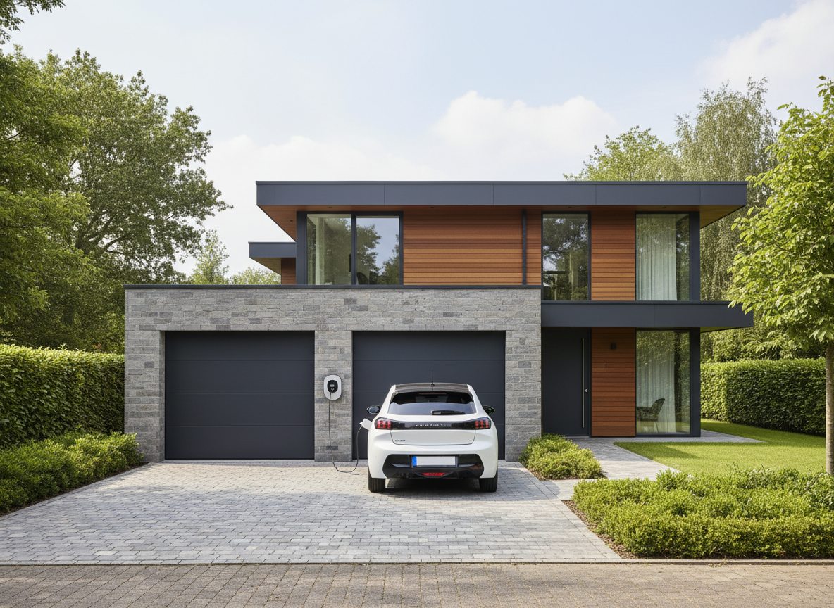 laadpaal installatie bij moderne villa in Flandre in de winter